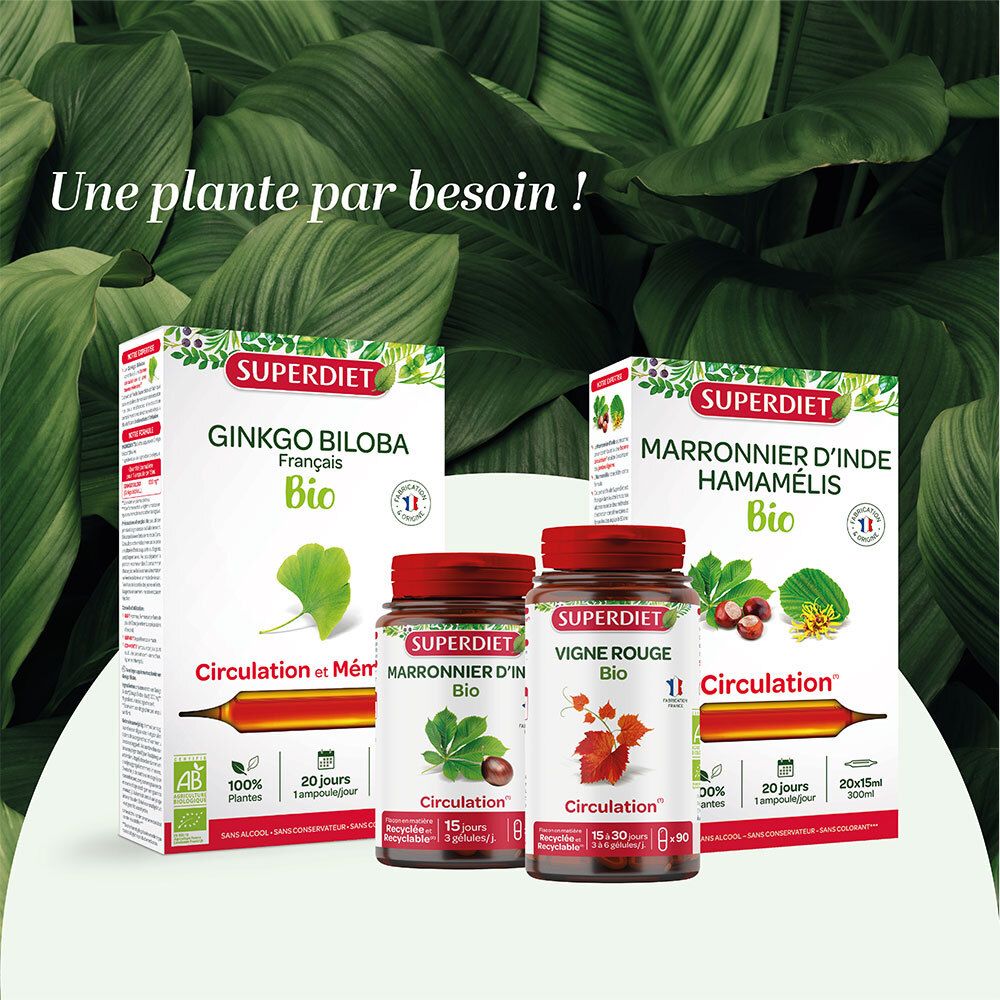 Plusieurs produits SUPERDIET. Vigne Rouge, Ginkgo Biloba et Marronnier d'Inde Hamamélis. Inscriptions : Bio, 20 ampoules.
