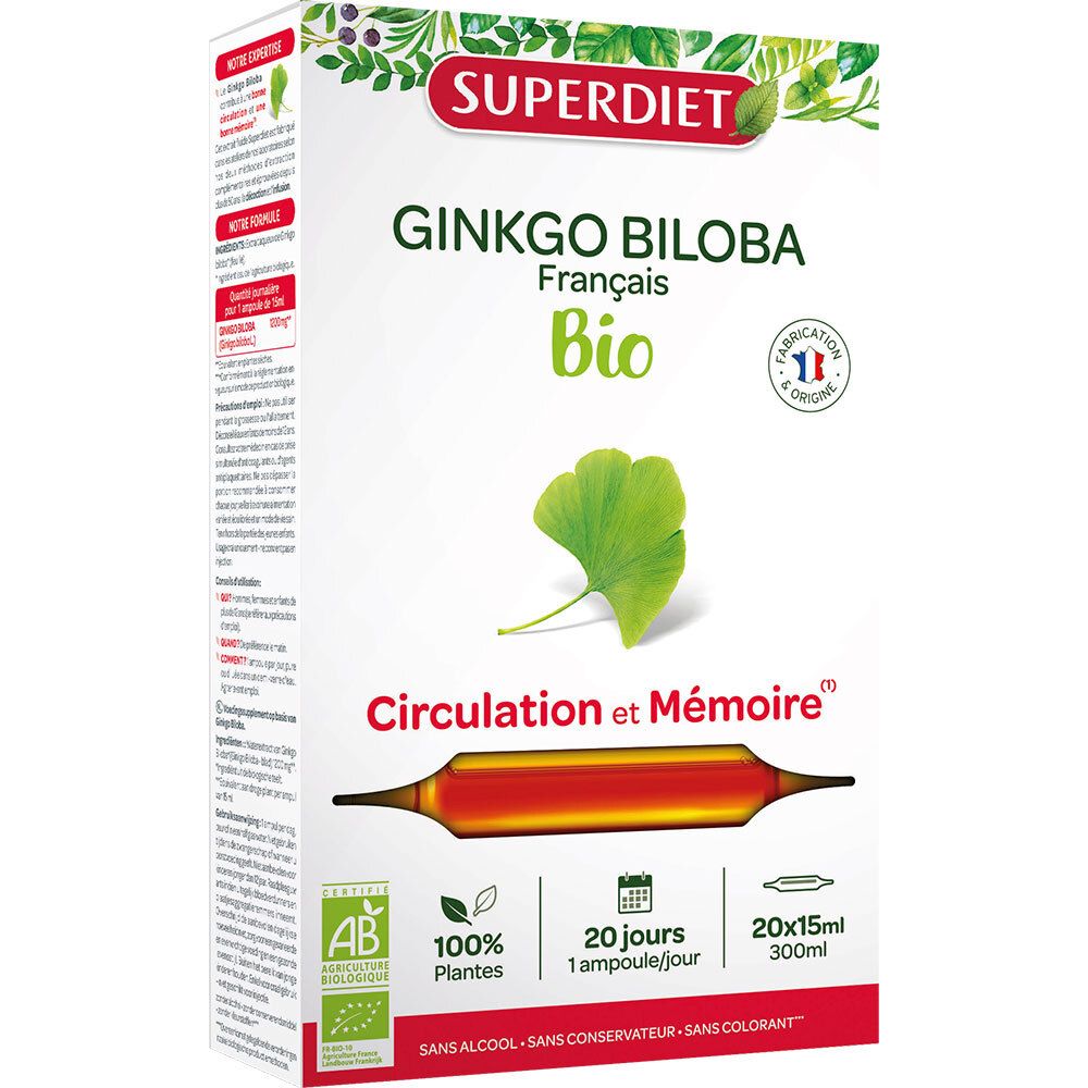 Boîte Super Diet Ginkgo Biloba Bio Circulation. Feuille de ginkgo et texte. Certification Bio. Origine France.