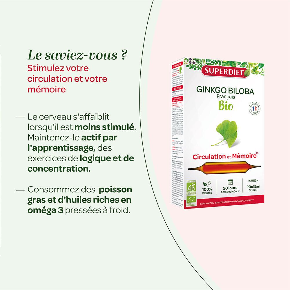 Boîte Super Diet Ginkgo Biloba Bio Circulation. Texte et image du produit. Fond de feuilles.