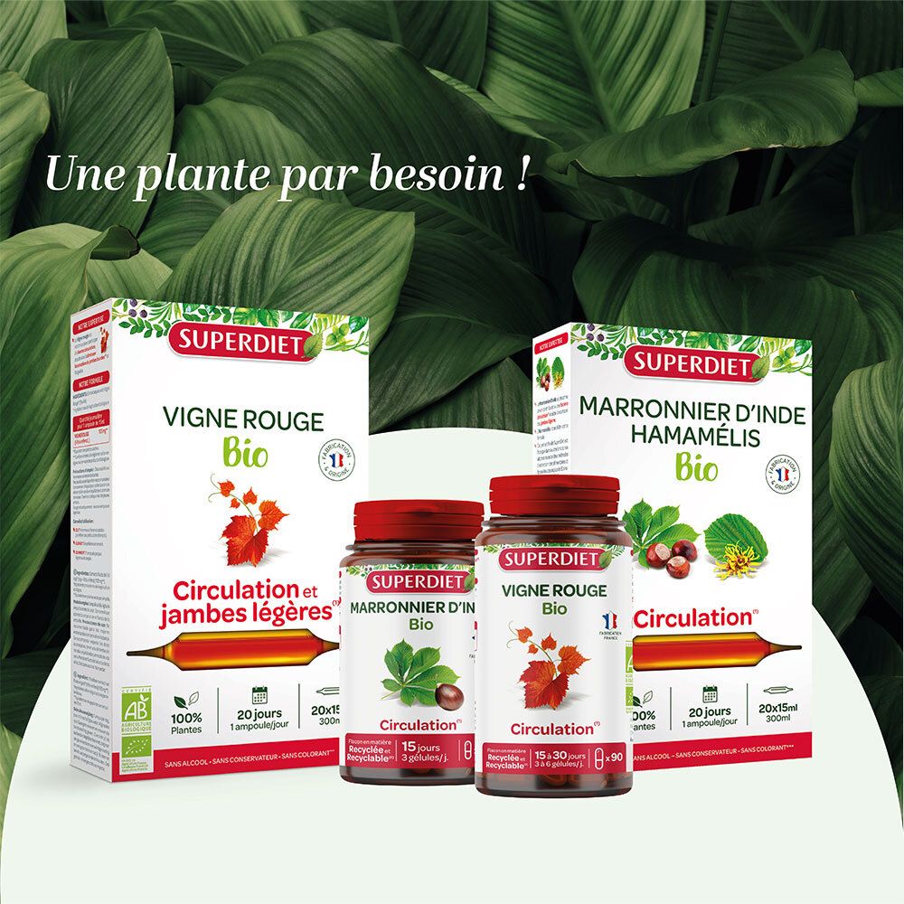 Boîtes Super Diet. Vigne Rouge, Marronnier d'Inde Hamamélis. Flacons rouges. Certification Bio.