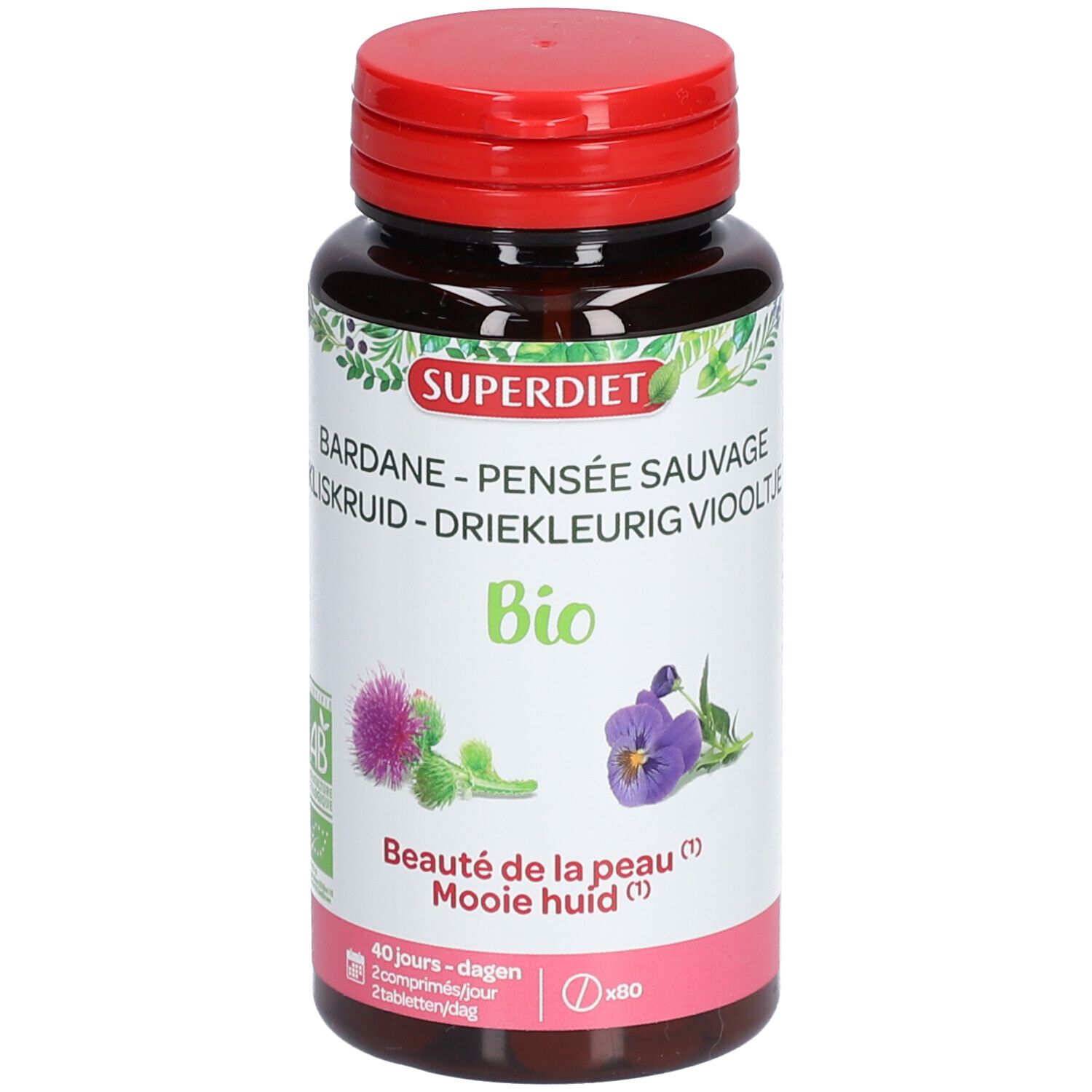 Bruine fles met rode dop. Opschrift: Superdiet, Bardane - Pensée Sauvage Bio. Met Bio-label en afbeeldingen van distel en viooltje.