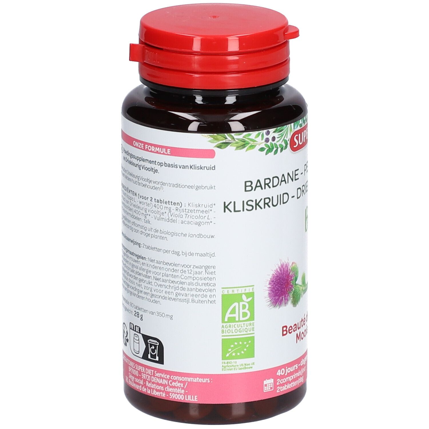 Bruine fles met rode dop. Opschrift: Superdiet, Bardane - Kliskluid - Driekleurig Viooltje. Met Bio-label. Tekst in meerdere talen.