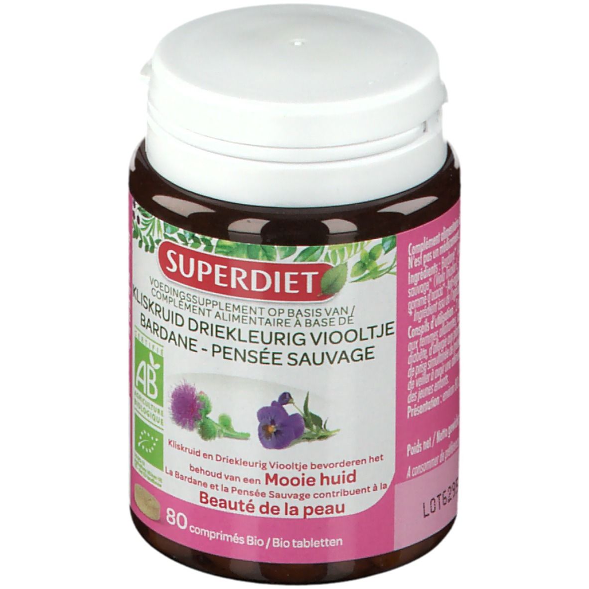 Bruine fles met witte dop. Opschrift: Superdiet, Kliskluid Driekleurig Viooltje Bardane - Pensée Sauvage. Met Bio-label.