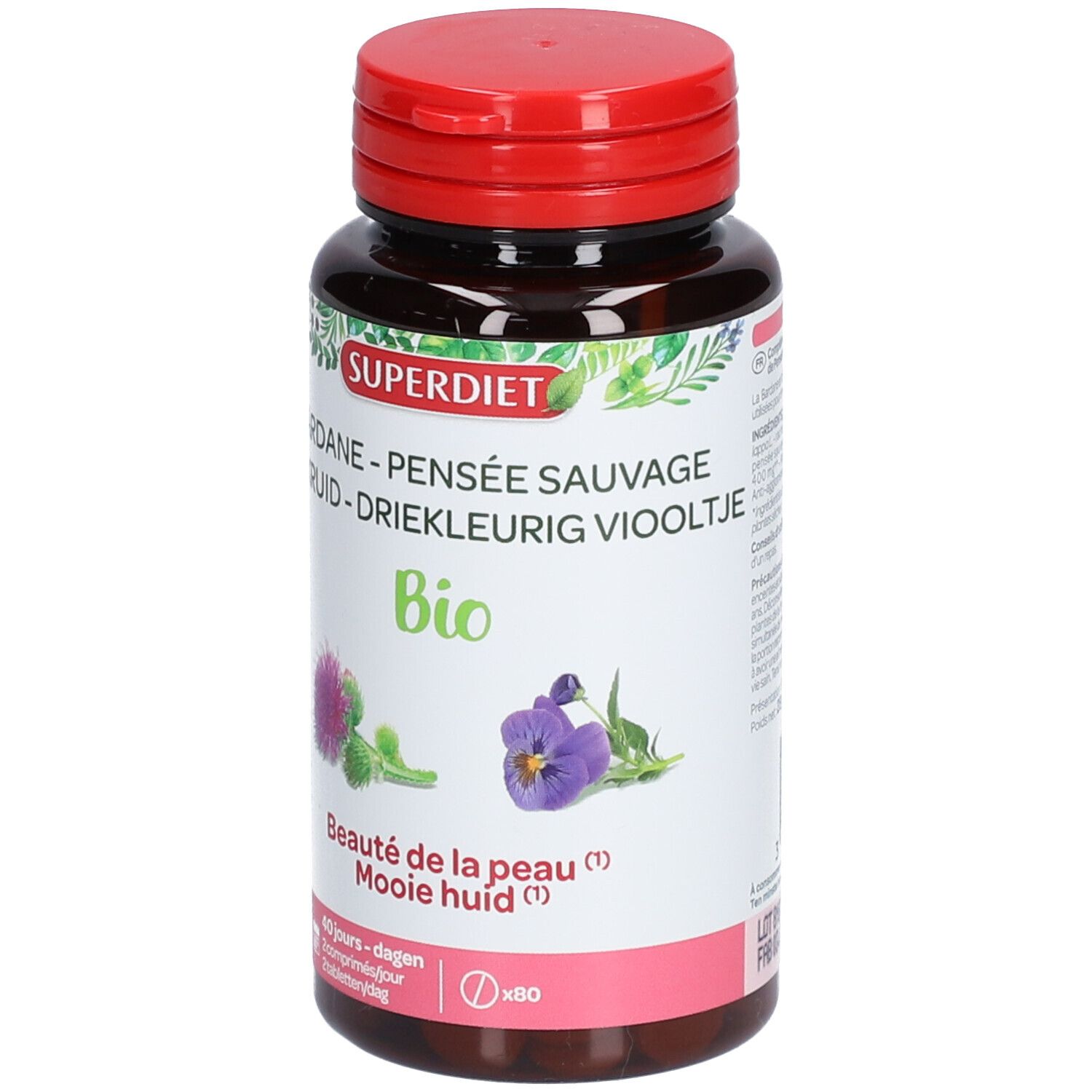 Bruine fles met rode dop. Opschrift: Superdiet, Bardane - Pensée Sauvage Bio. Met Bio-label en afbeeldingen van distel en viooltje.
