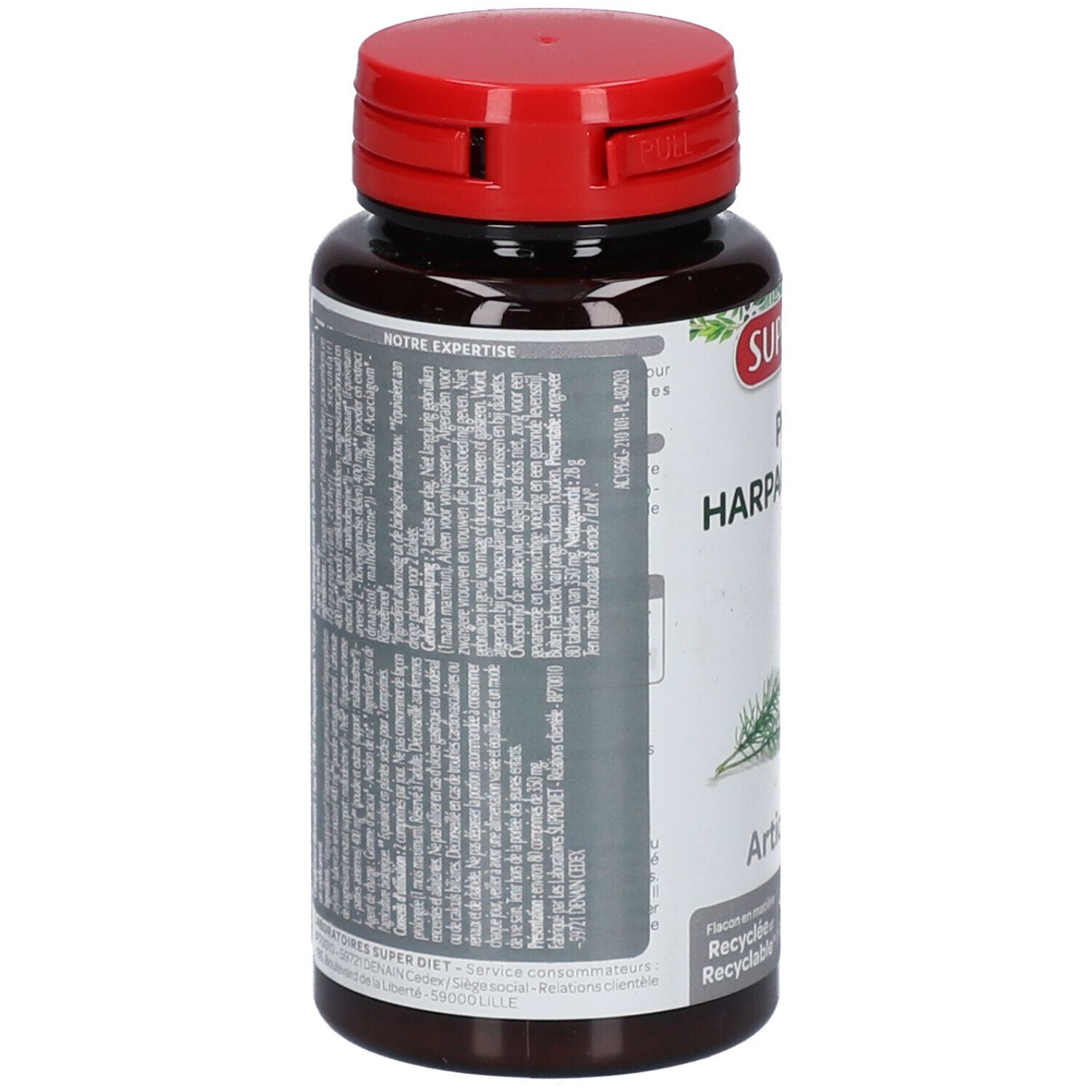 Flacon marron avec bouchon rouge. Dos avec texte. Étiquette avec informations sur le produit.