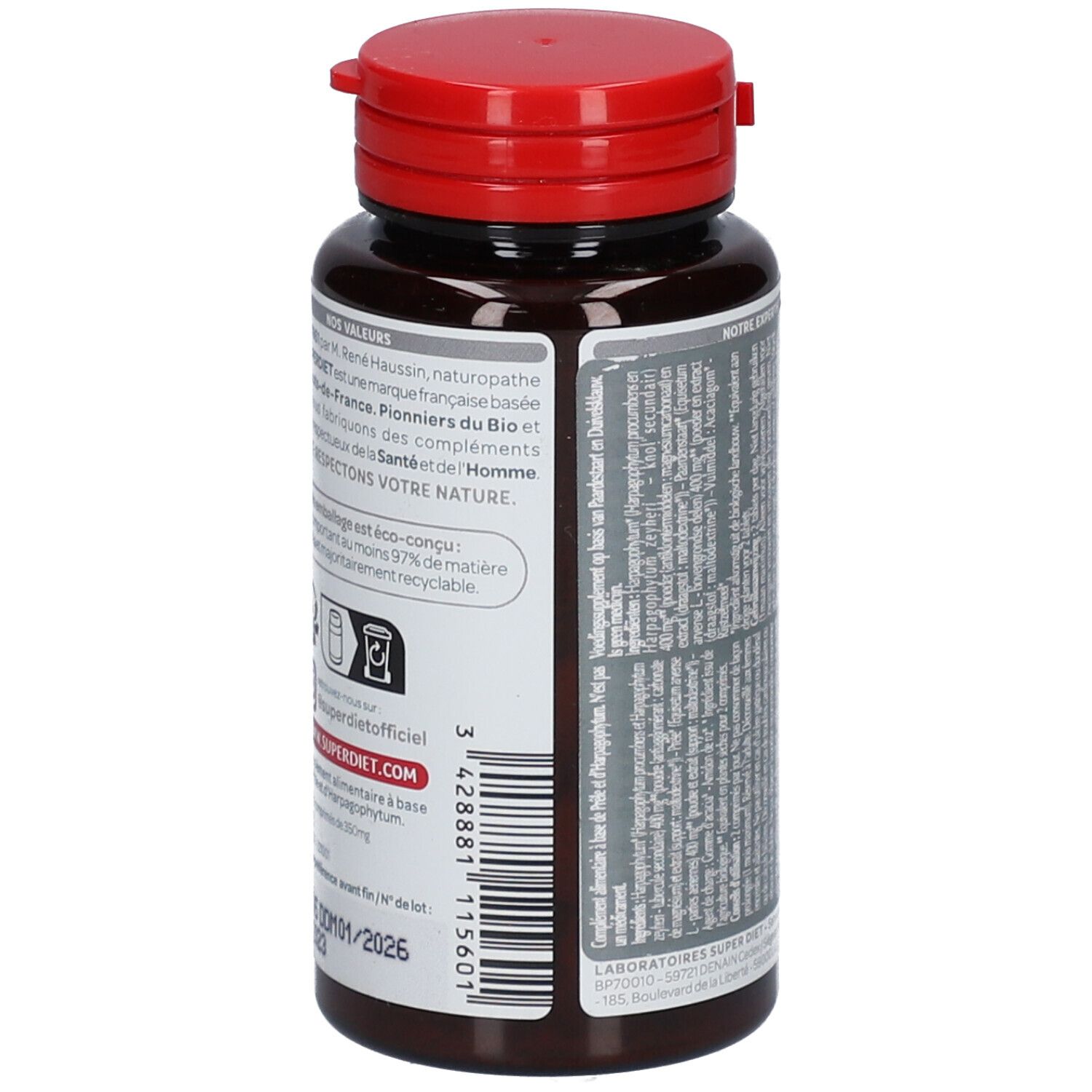 Flacon marron avec bouchon rouge. Dos avec texte et logos. Étiquette avec informations sur le produit.