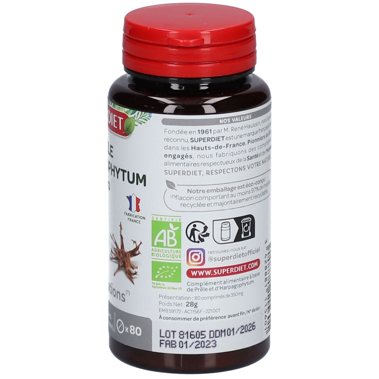 Flacon marron avec bouchon rouge. Dos avec texte, logos et label Bio. Étiquette avec informations sur le produit.
