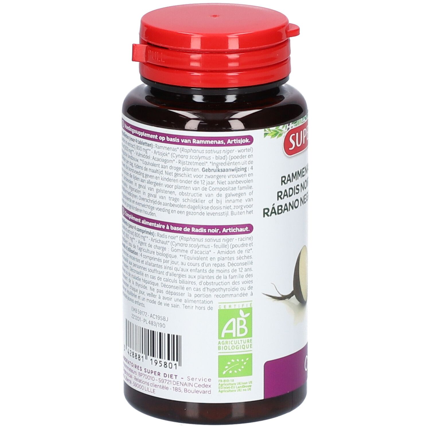 Dos du flacon brun à bouchon rouge. Texte multilingue. Label bio. Code-barres et numéro de lot.