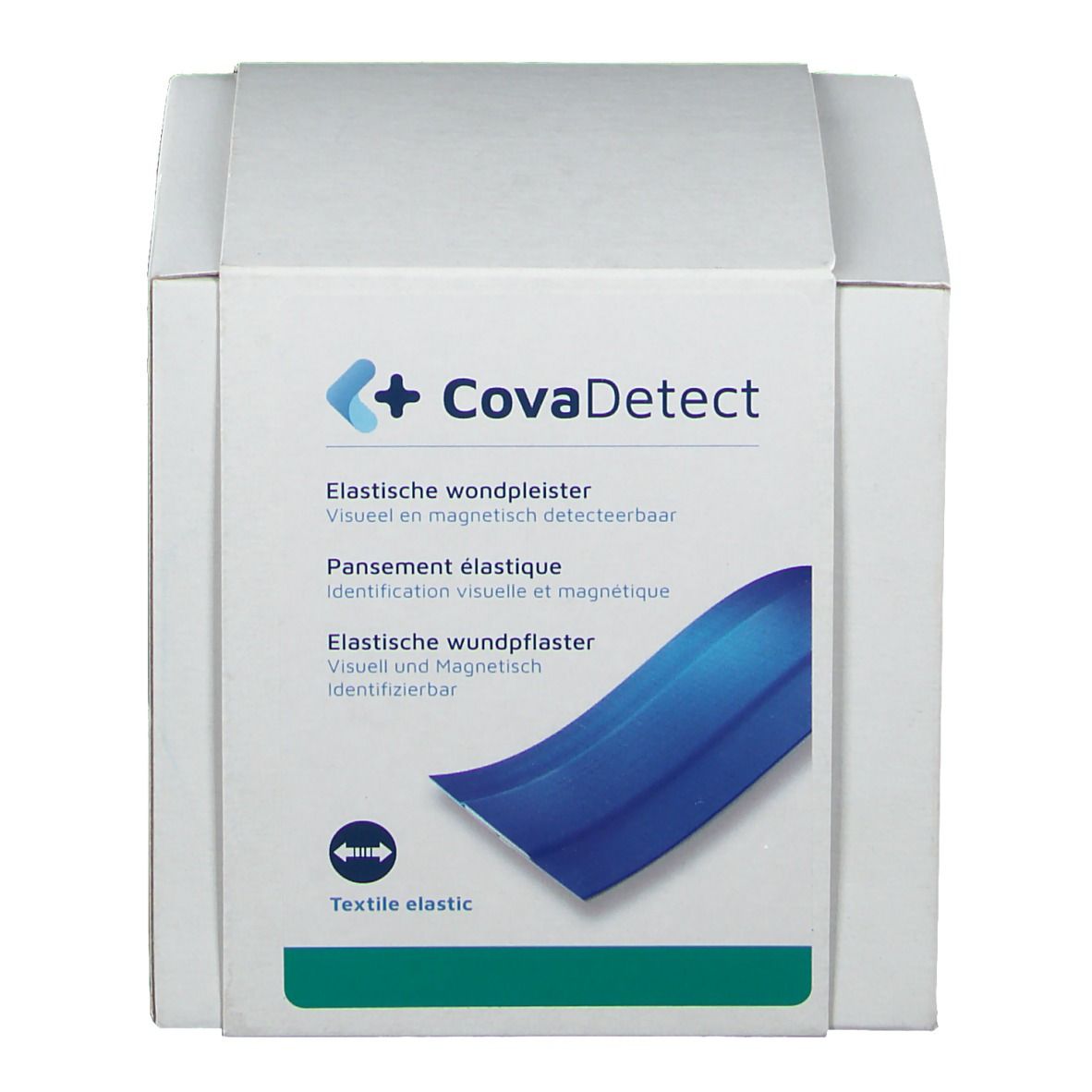 Boîte CovaDetect. Pansement textile bleu. Inscription: Pansement élastique. Dimensions visibles: 8cm x 5m.