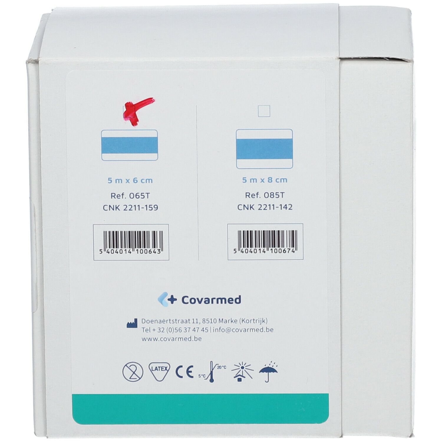 Achterkant van de verpakking. Twee productafbeeldingen met maatindicaties. Barcodes. Logo Covarmed. Symbolen voor latex, CE en meer.