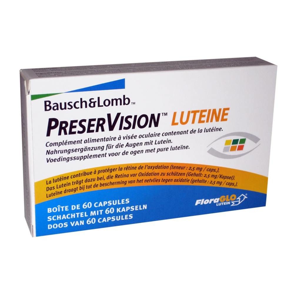 Doosje met 60 capsules PreserVision Luteine. Merk Bausch & Lomb. Oranje en blauwe achtergrond. Bevat luteïne.