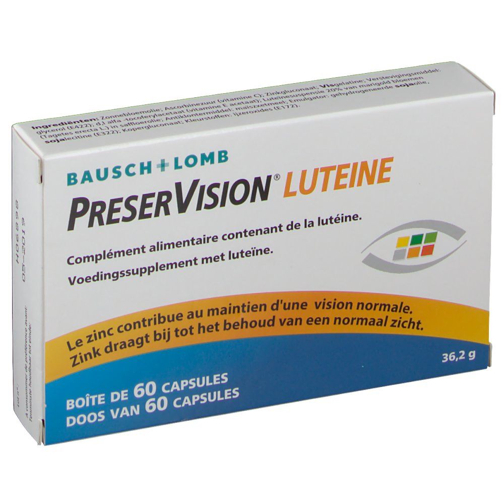 Doosje met 60 capsules PreserVision Luteine. Merk Bausch & Lomb. Bevat zink. Nettogewicht 36,2 g.