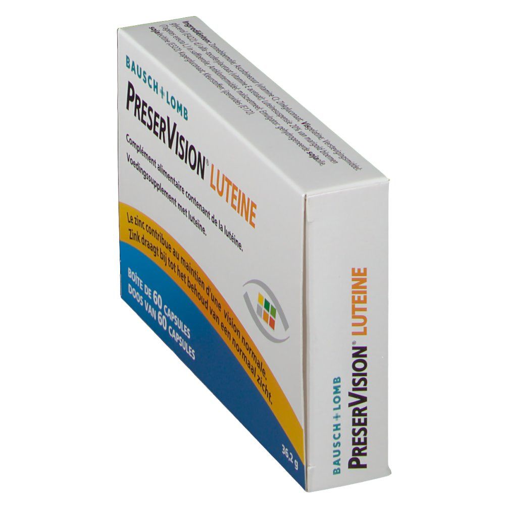 Doosje met PreserVision Luteine capsules. Merk Bausch & Lomb. Bevat 60 capsules. Blauwe en witte verpakking.