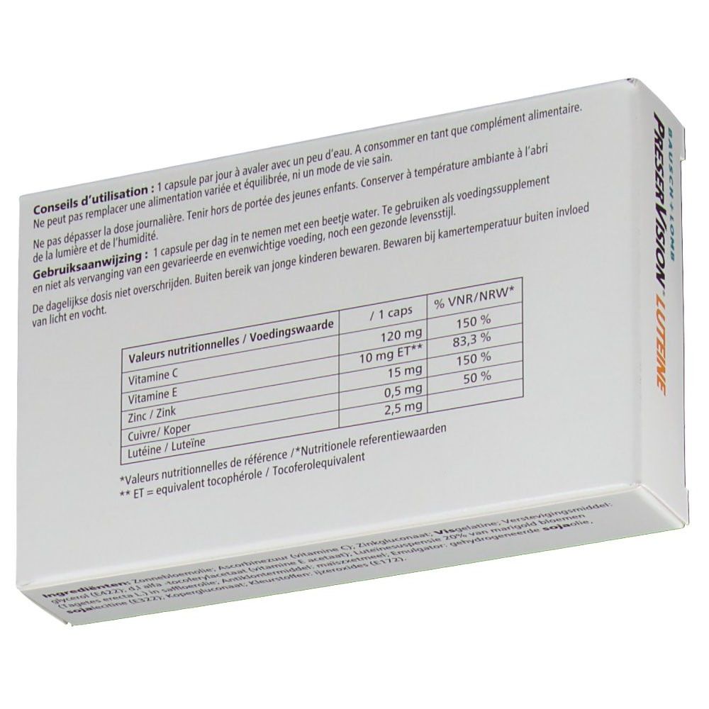 Achterkant van het doosje met PreserVision Luteine capsules. Bevat voedingsinformatie. Merk Bausch & Lomb.