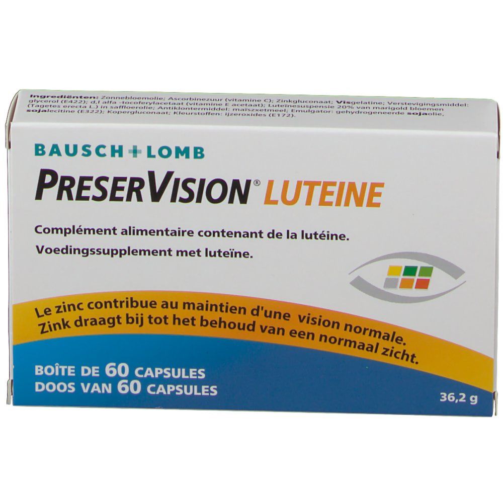 Doosje met 60 capsules PreserVision Luteine. Merk Bausch & Lomb. Bevat zink. Nettogewicht 36,2 g.