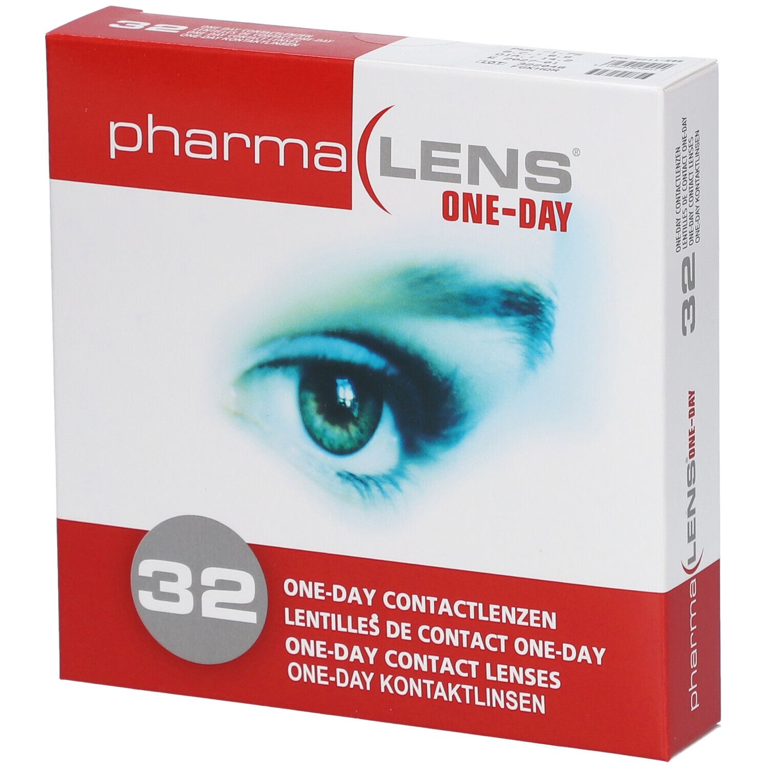 Boîte de lentilles Pharma Lens One-Day, 32 unités. Visuel d'un œil. Inscriptions en plusieurs langues.