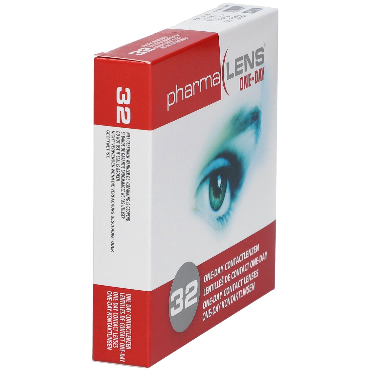 Vue en biais de la boîte de lentilles Pharma Lens One-Day, 32 unités. Visuel d'un œil.