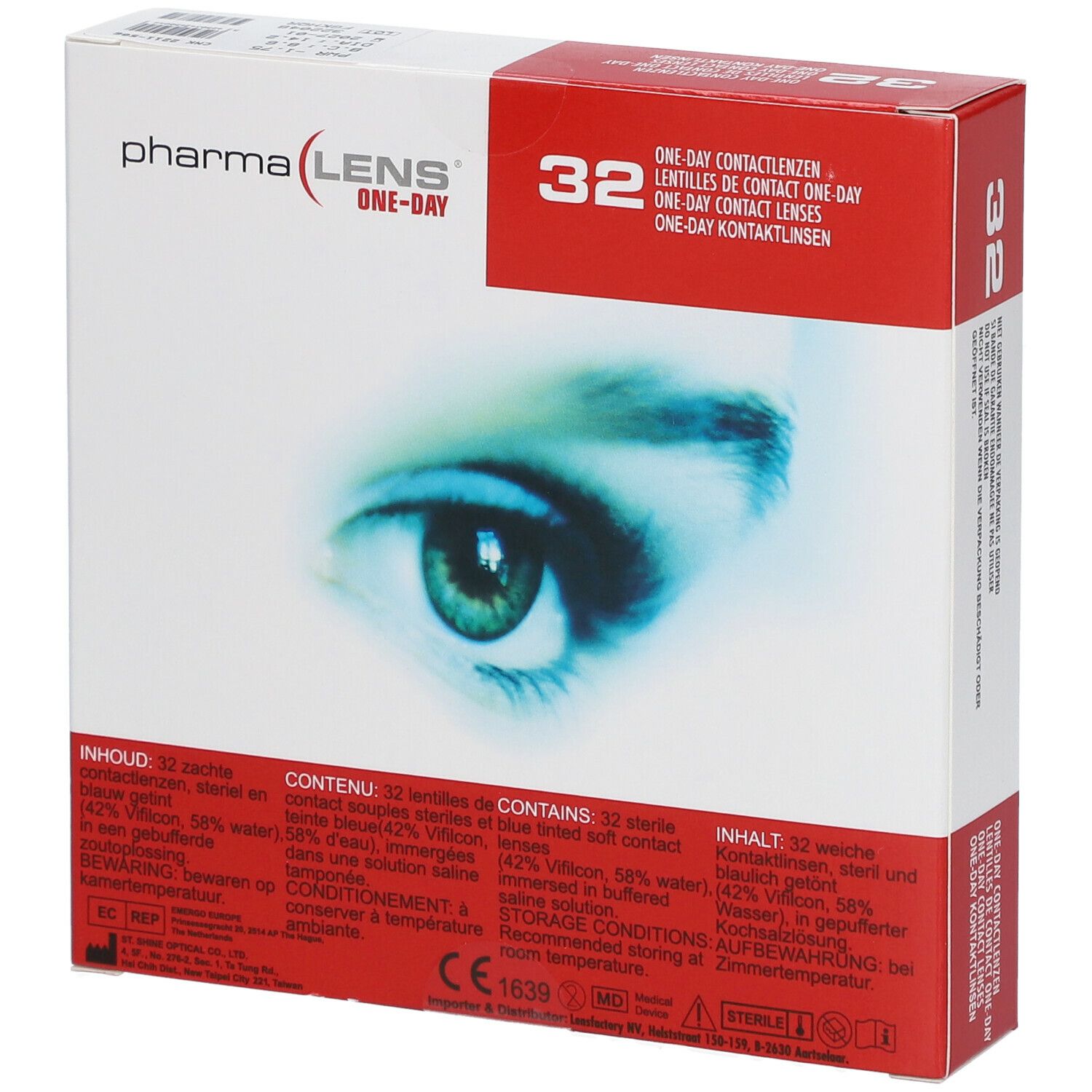 Boîte de lentilles Pharma Lens One-Day, 32 unités. Visuel d'un œil. Inscriptions multilingues.