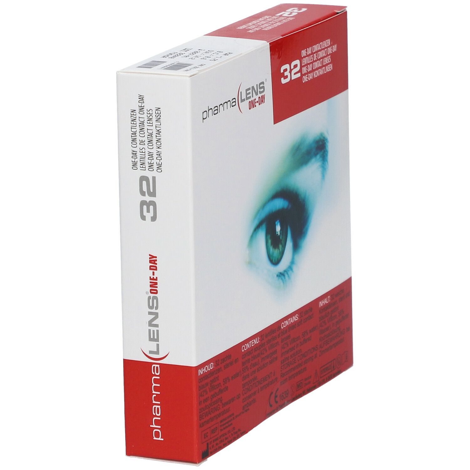 Vue en biais de la boîte de lentilles Pharma Lens One-Day, 32 unités. Visuel d'un œil.