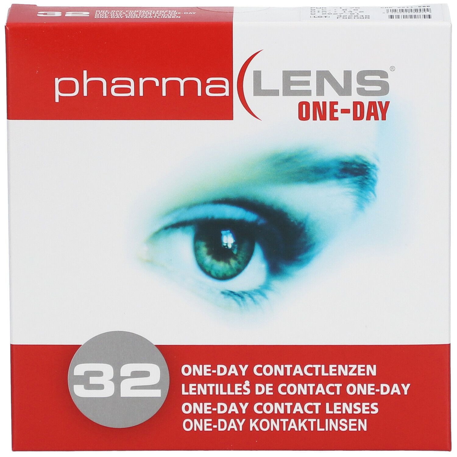 Boîte de lentilles Pharma Lens One-Day, 32 unités. Visuel d'un œil. Inscriptions multilingues.