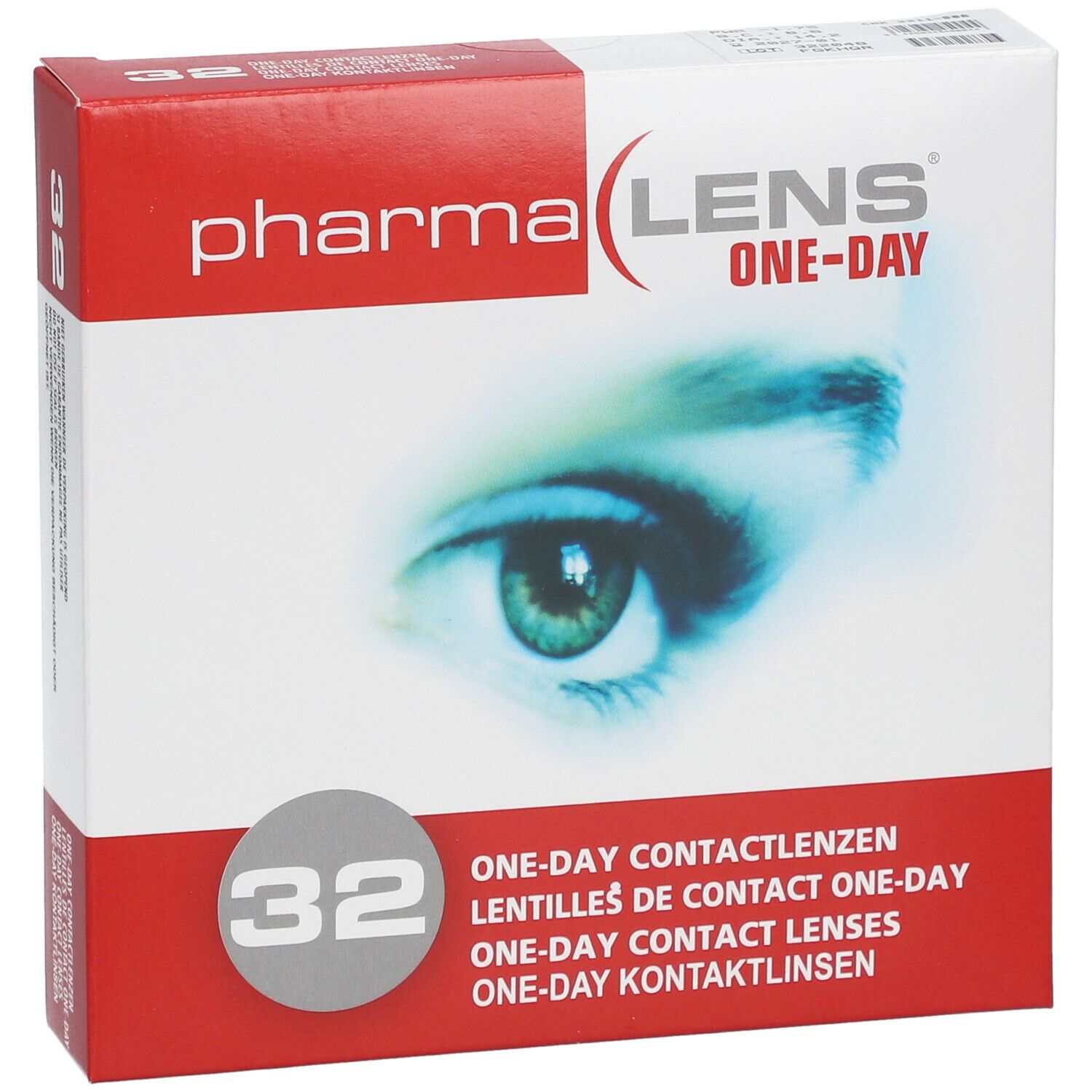 Boîte de lentilles Pharma Lens One-Day, 32 unités. Visuel d'un œil. Inscriptions multilingues.