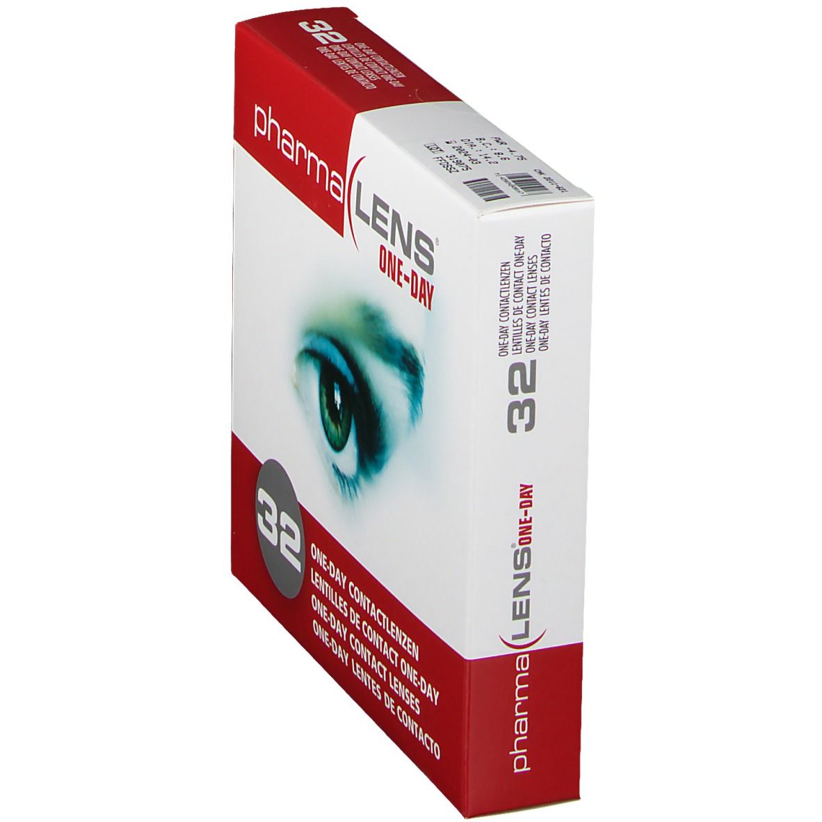 Boîte de lentilles de contact en biais. Inscription: Pharma Lens, One-Day, 32 unités. Image d'un œil.