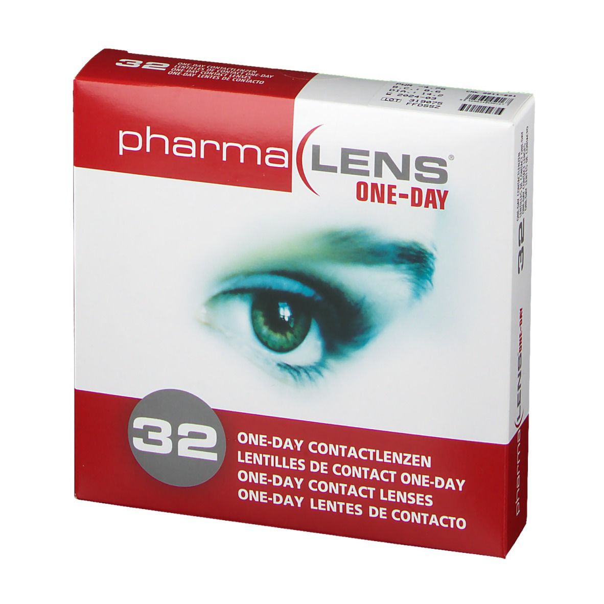Boîte de lentilles de contact. Inscription: Pharma Lens, One-Day, 32 unités. Image d'un œil.