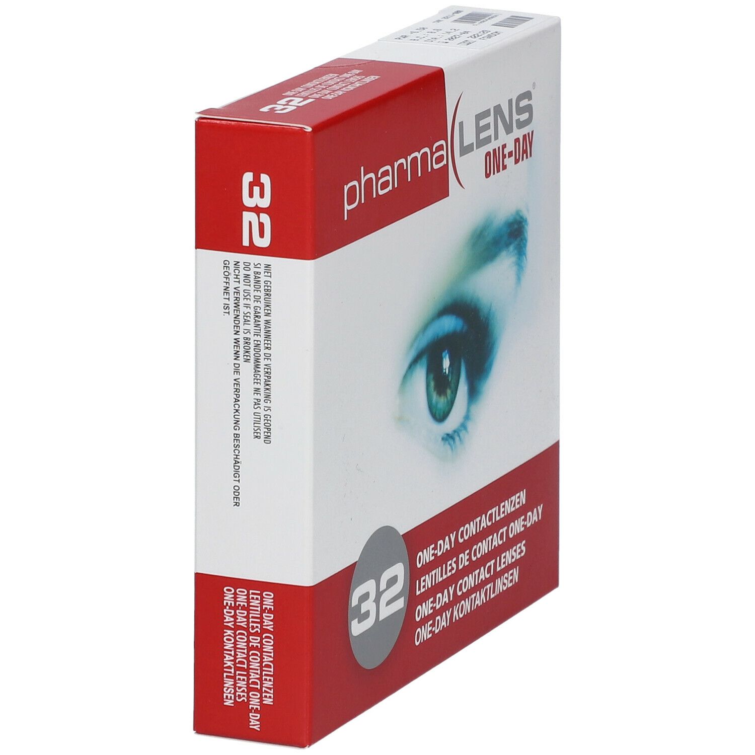 Vue latérale de la boîte de lentilles de contact PharmaLens. Carton rouge et blanc avec nom du produit, image d'un œil et 32 lentilles.