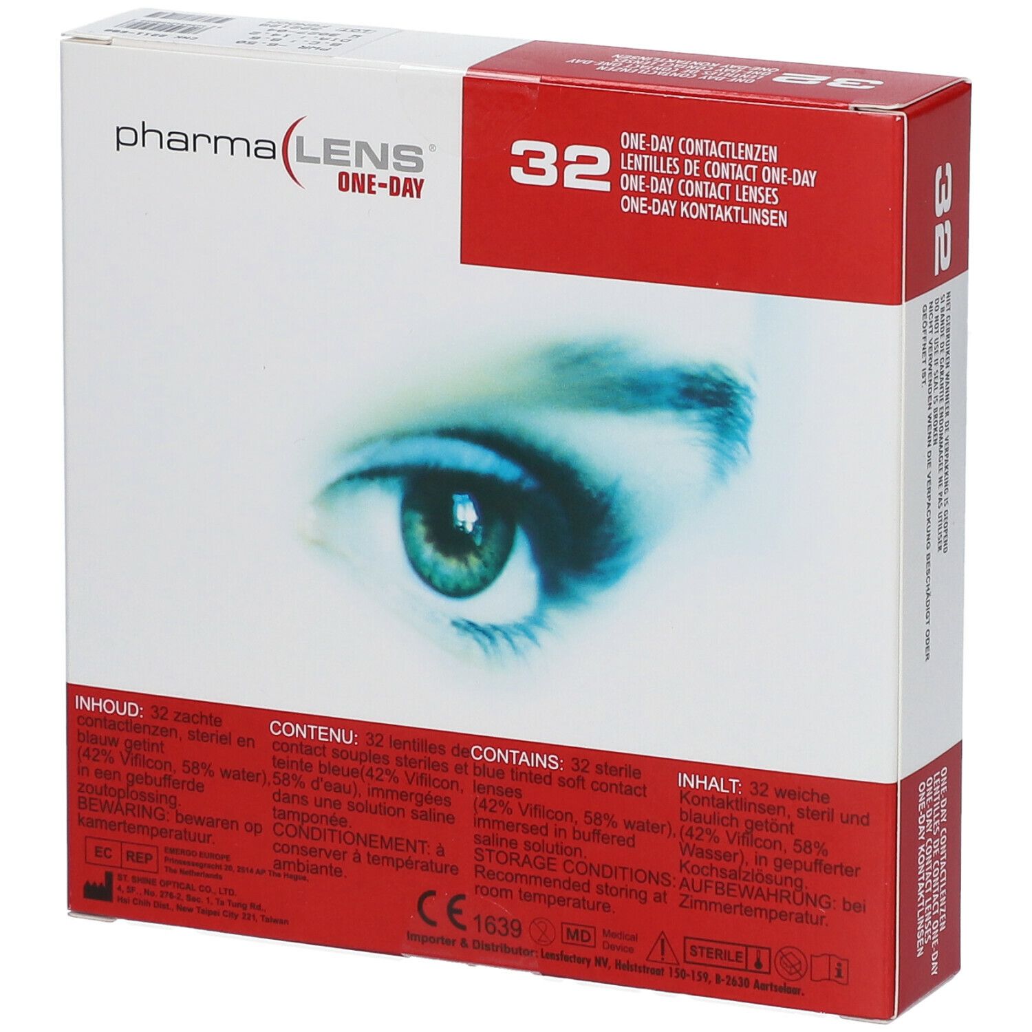 Face avant de la boîte de lentilles de contact PharmaLens. Carton rouge et blanc avec nom du produit, image d'un œil, 32 lentilles et texte.