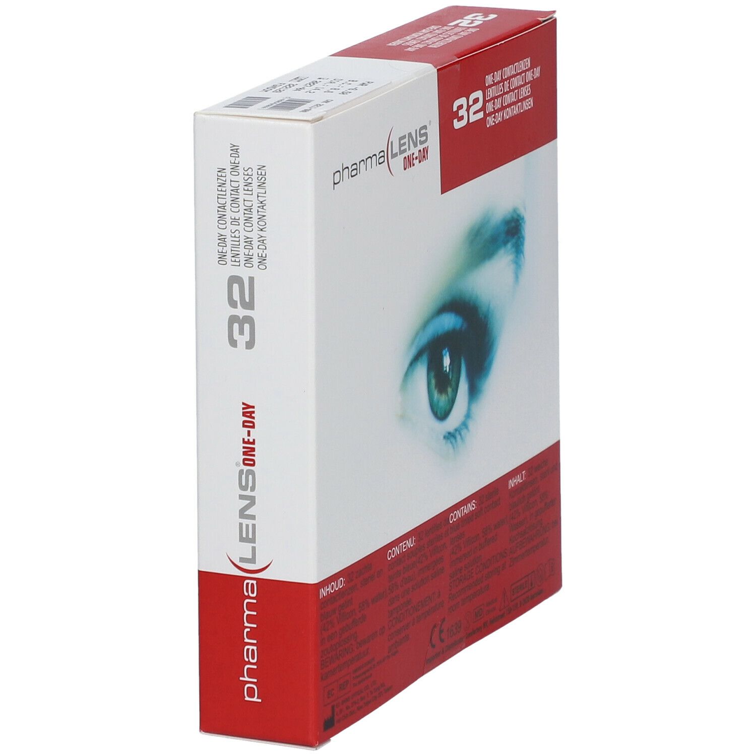 Vue latérale de la boîte de lentilles de contact PharmaLens. Carton rouge et blanc avec nom du produit, image d'un œil et 32 lentilles.