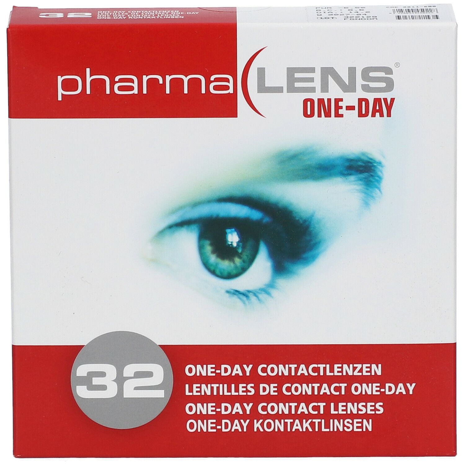 Boîte de lentilles de contact PharmaLens. Carton rouge et blanc avec nom du produit, représentation d'un œil et indication de 32 lentilles.