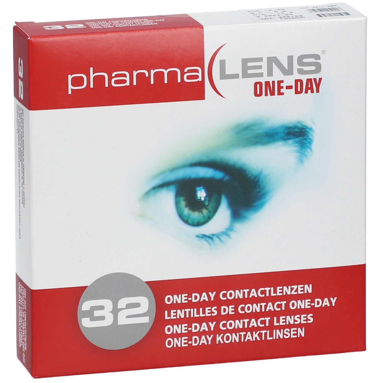 Boîte de lentilles de contact PharmaLens. Carton rouge et blanc avec nom du produit, représentation d'un œil et indication de 32 lentilles.