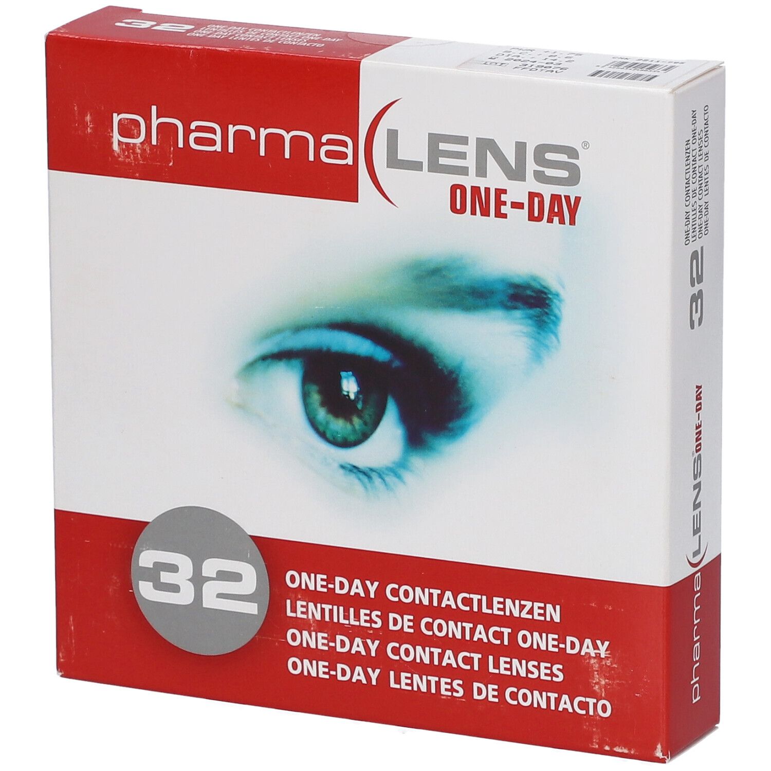 Boîte de lentilles de contact pharmaLENS One-Day. Inscription : 32, nom des lentilles en plusieurs langues. Illustration d'un œil.