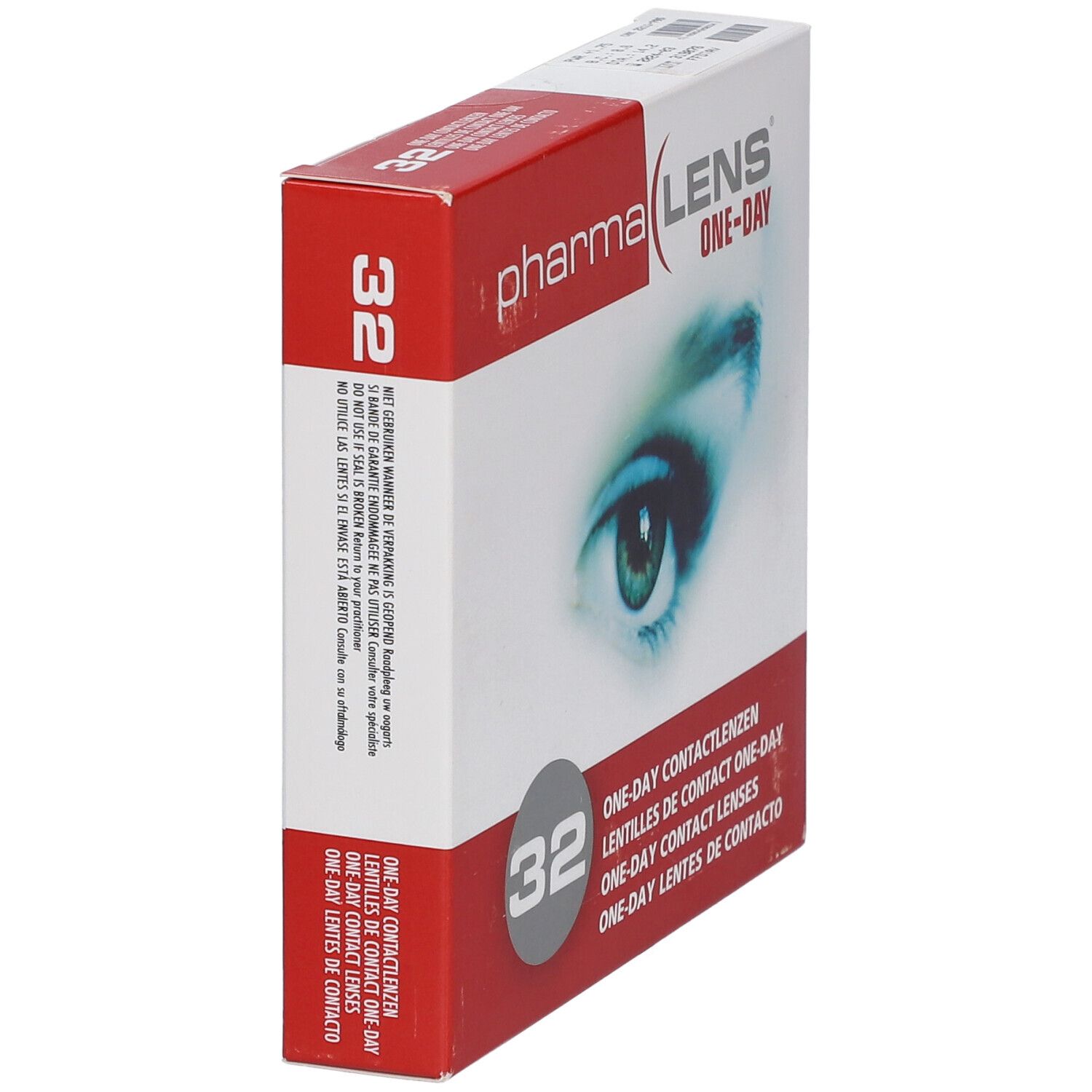 Boîte de lentilles de contact pharmaLENS One-Day en biais. Inscription : 32, nom des lentilles en plusieurs langues. Illustration d'un œil.
