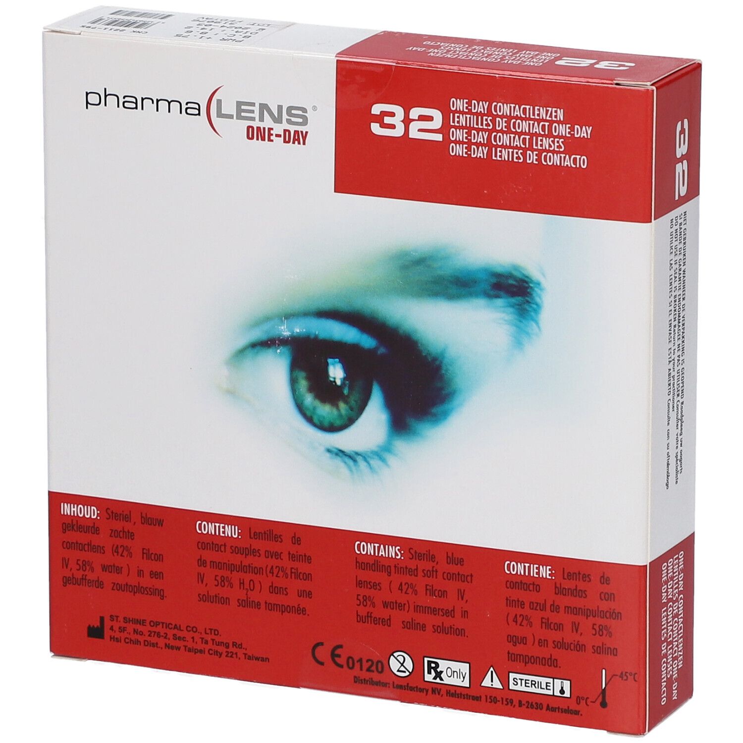 Boîte de lentilles de contact pharmaLENS One-Day. Inscription : 32, nom des lentilles en plusieurs langues. Contenu. Marquage CE.