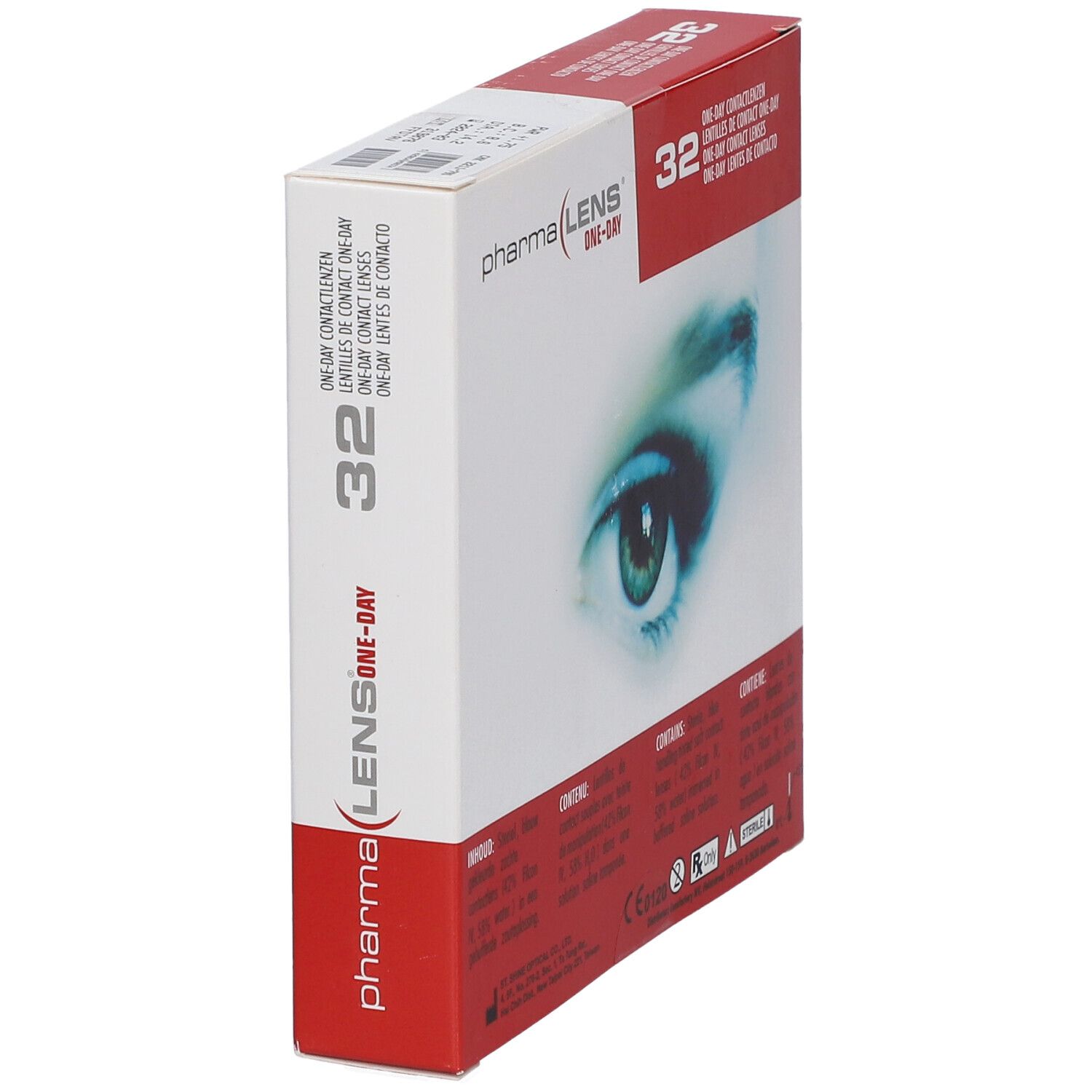 Boîte de lentilles de contact pharmaLENS One-Day en biais. Inscription : 32, nom des lentilles en plusieurs langues. Illustration d'un œil.