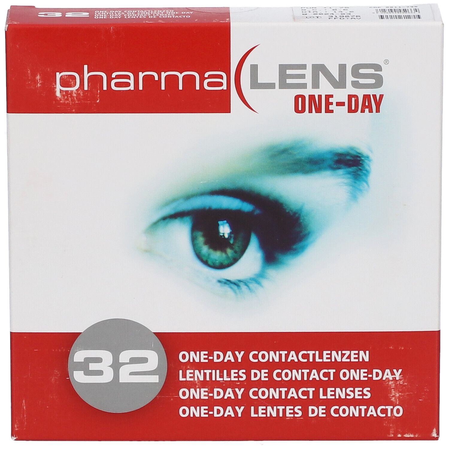 Boîte de lentilles de contact pharmaLENS One-Day. Inscription : 32, nom des lentilles en plusieurs langues. Illustration d'un œil.
