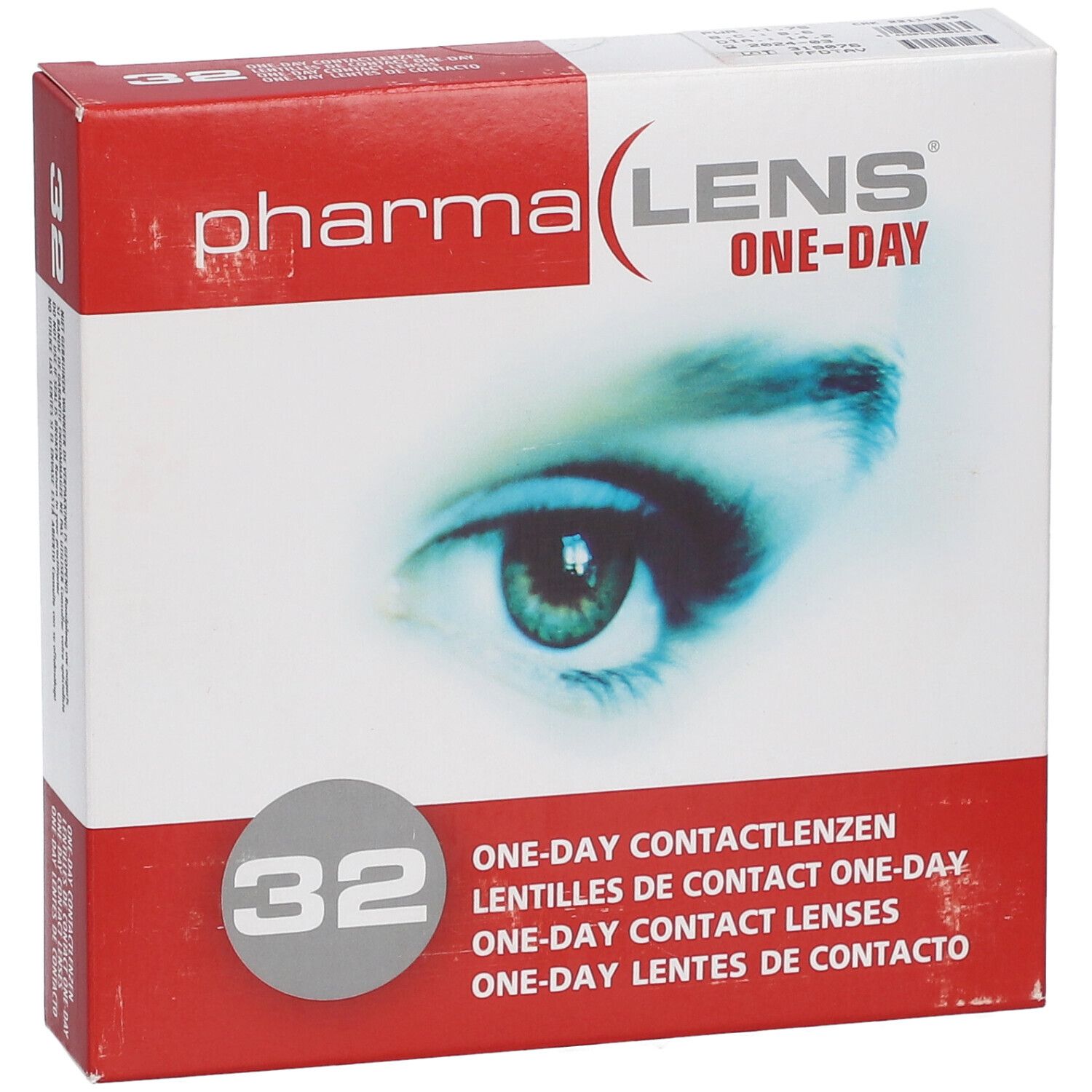 Boîte de lentilles de contact pharmaLENS One-Day en biais. Inscription : 32, nom des lentilles en plusieurs langues. Illustration d'un œil.