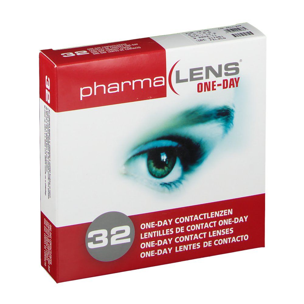 Boîte de lentilles de contact PharmaLens ONE-DAY. Inscription: 32 lentilles. Image d'un œil. Fond rouge et blanc.
