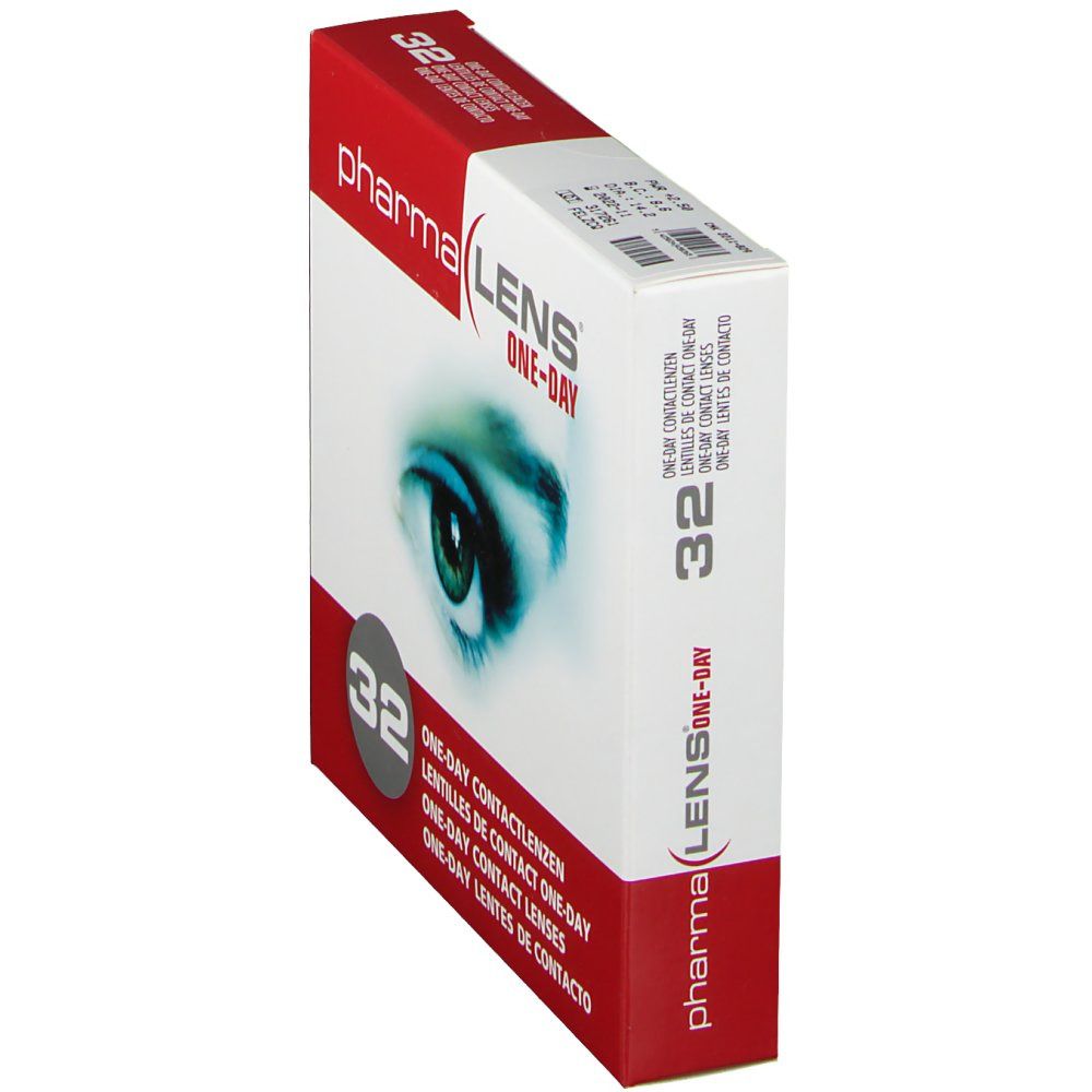 Boîte de lentilles de contact PharmaLens ONE-DAY en biais. Inscription: 32 lentilles. Fond rouge et blanc.
