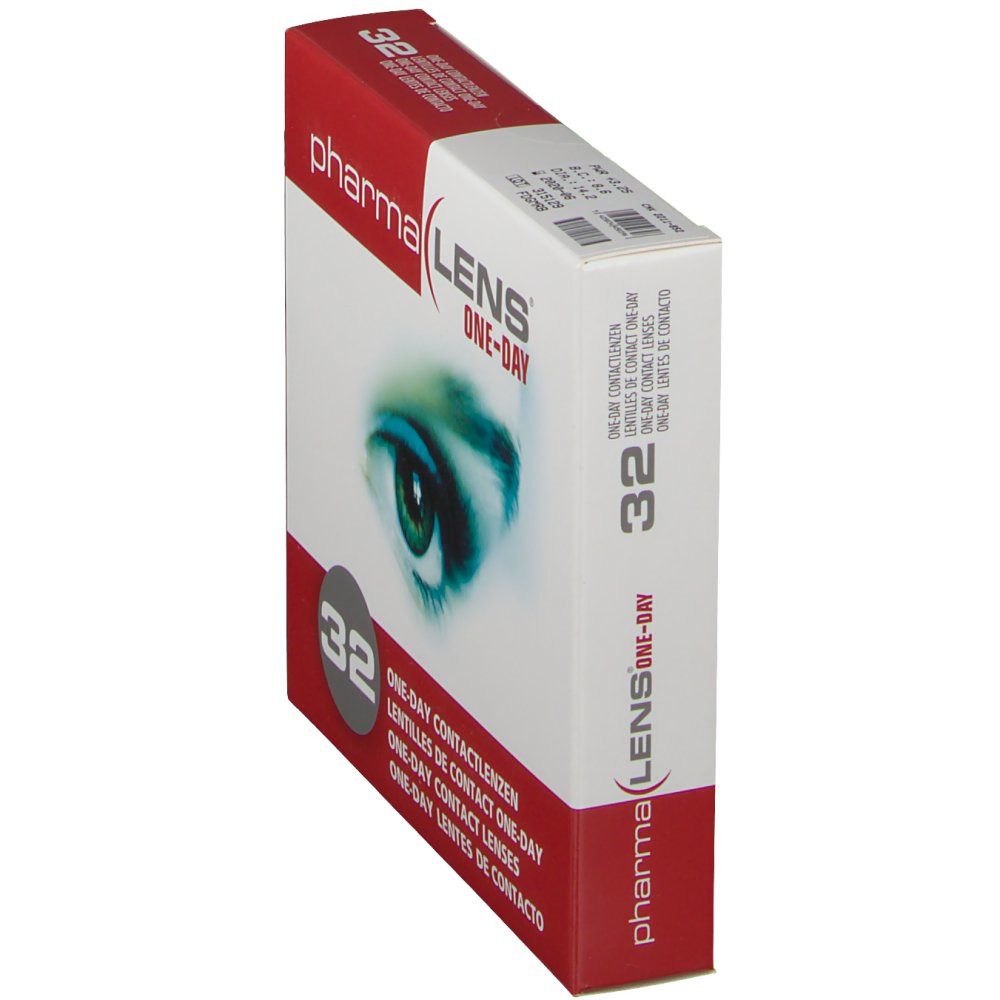 Vue en biais de la boîte de lentilles de contact pharmaLENS® One-day. Boîte rouge et blanche avec image d'œil.