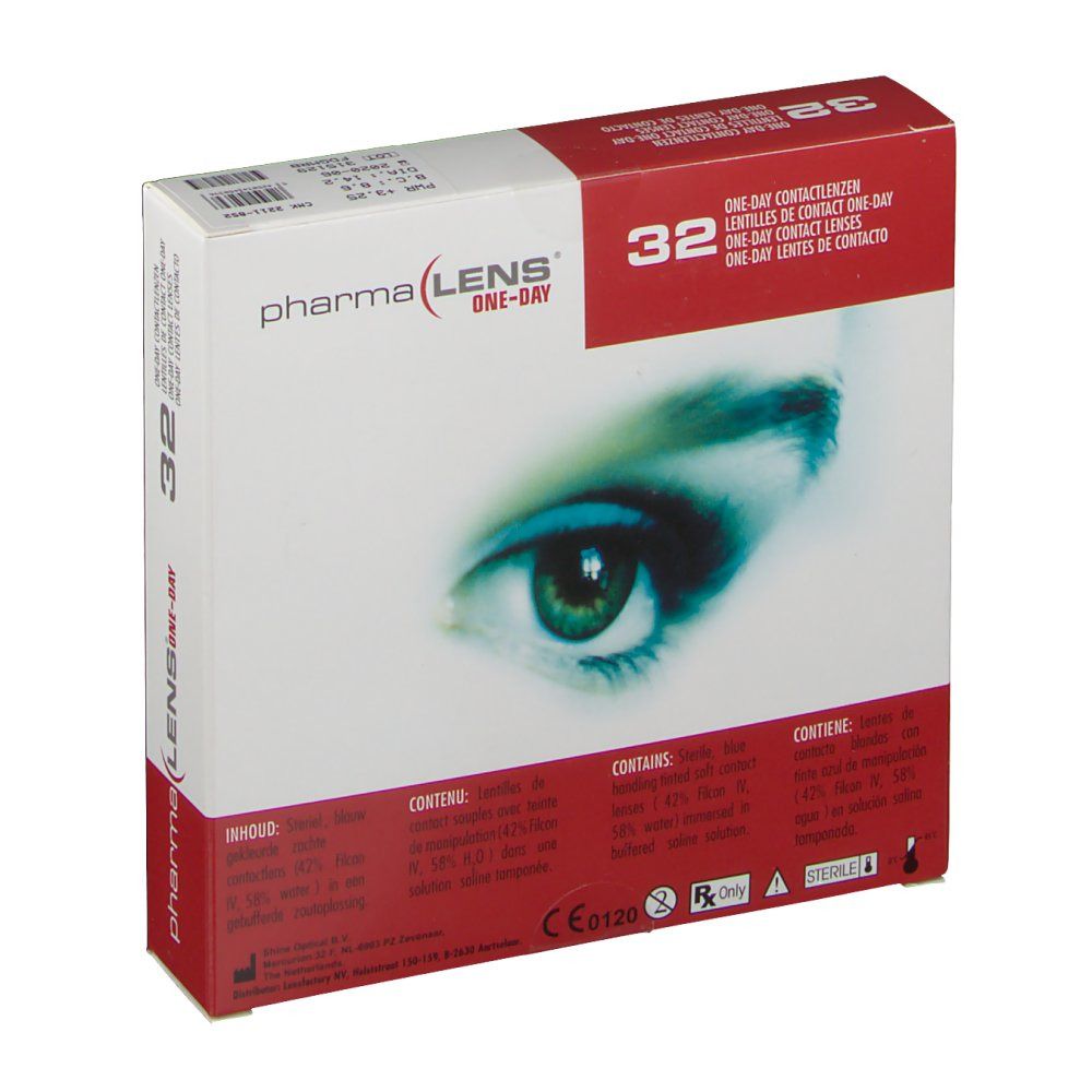 Boîte de lentilles de contact pharmaLENS® One-day. 32 unités. Boîte rouge et blanche avec image d'œil et texte.