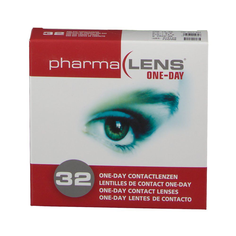Boîte de lentilles de contact pharmaLENS® One-day. 32 unités. Boîte rouge et blanche avec image d'œil et texte.