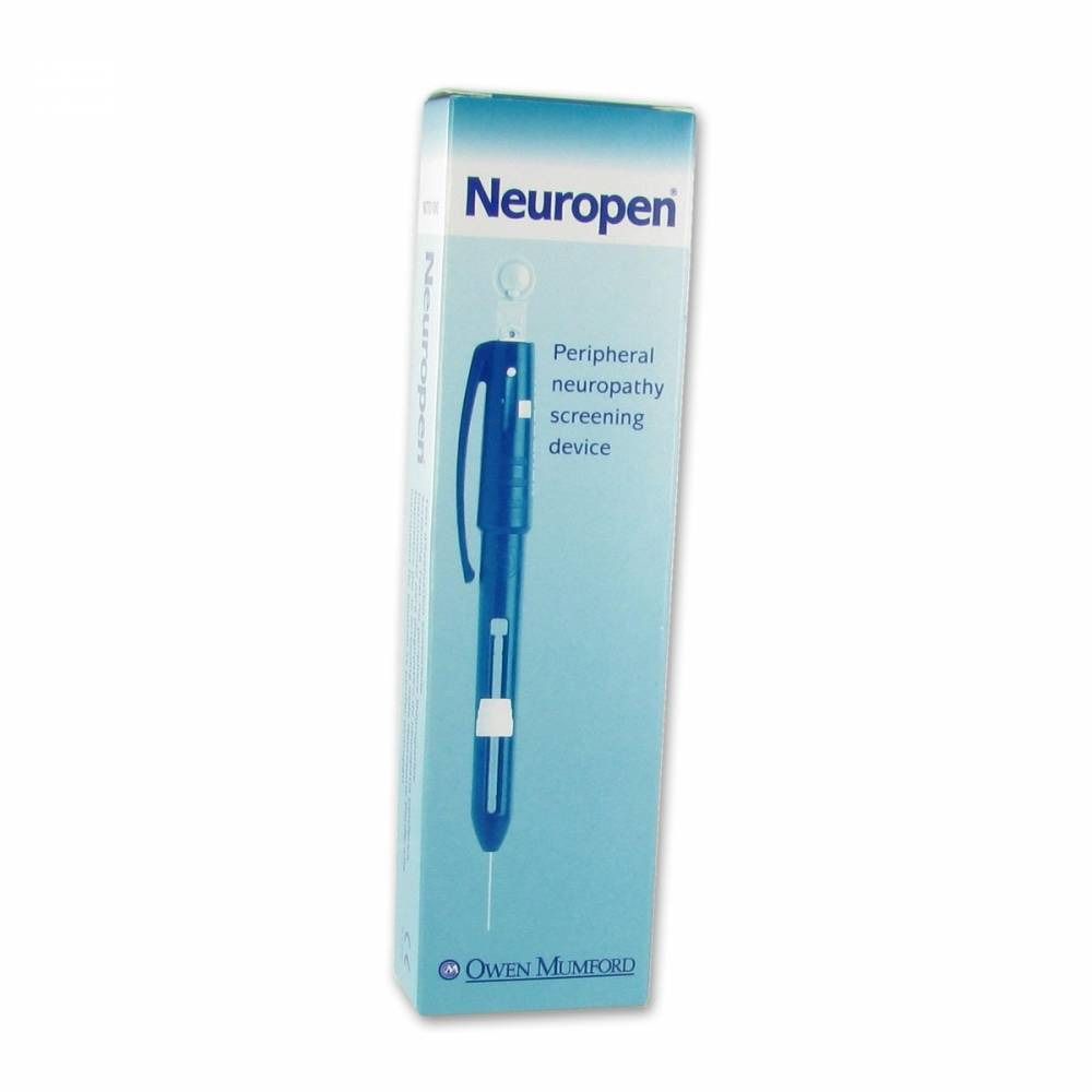 Blau-weiße Verpackung mit dem Produkt Neuropen. Aufschrift: Peripheral neuropathy screening device. Logo von Owen Mumford.