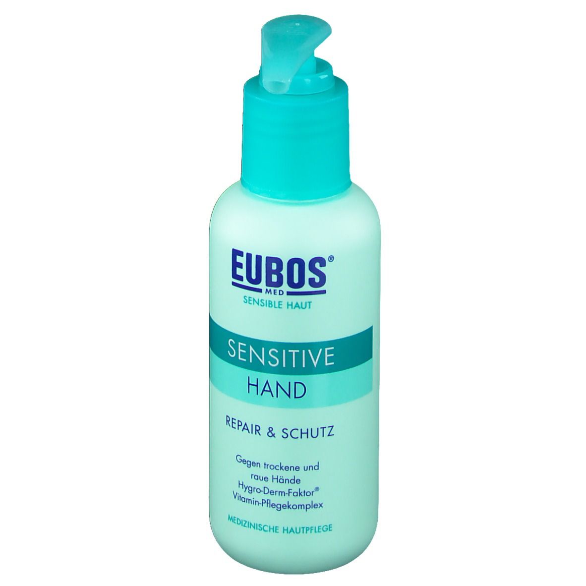 Flasche mit Pumpe. Aufschrift: EUBOS, Sensitive Hand, Repair & Schutz. Türkis-weiße Farbgebung.