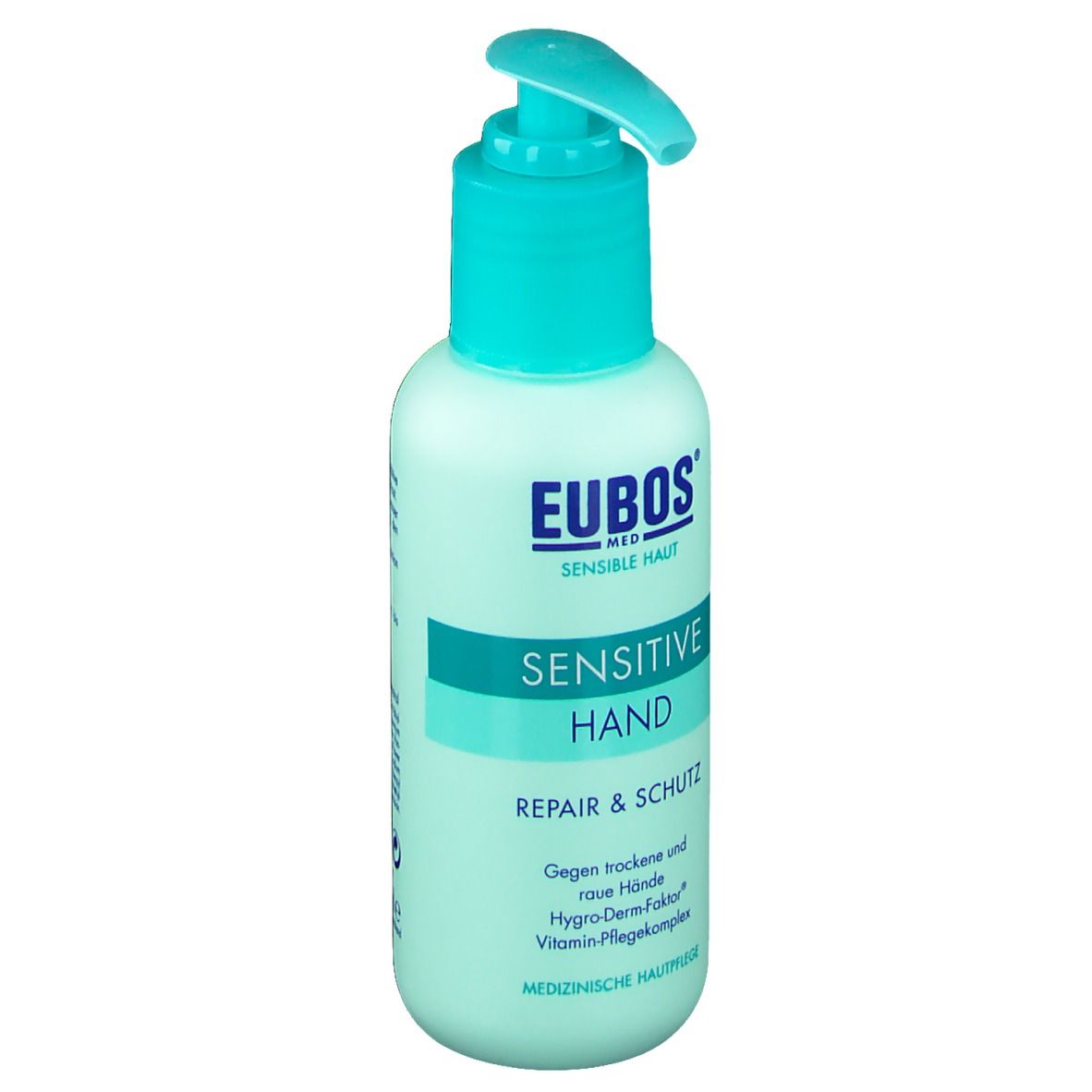 Flasche mit Pumpe. Aufschrift: EUBOS, Sensitive Hand, Repair & Schutz. Türkis-weiße Farbgebung.