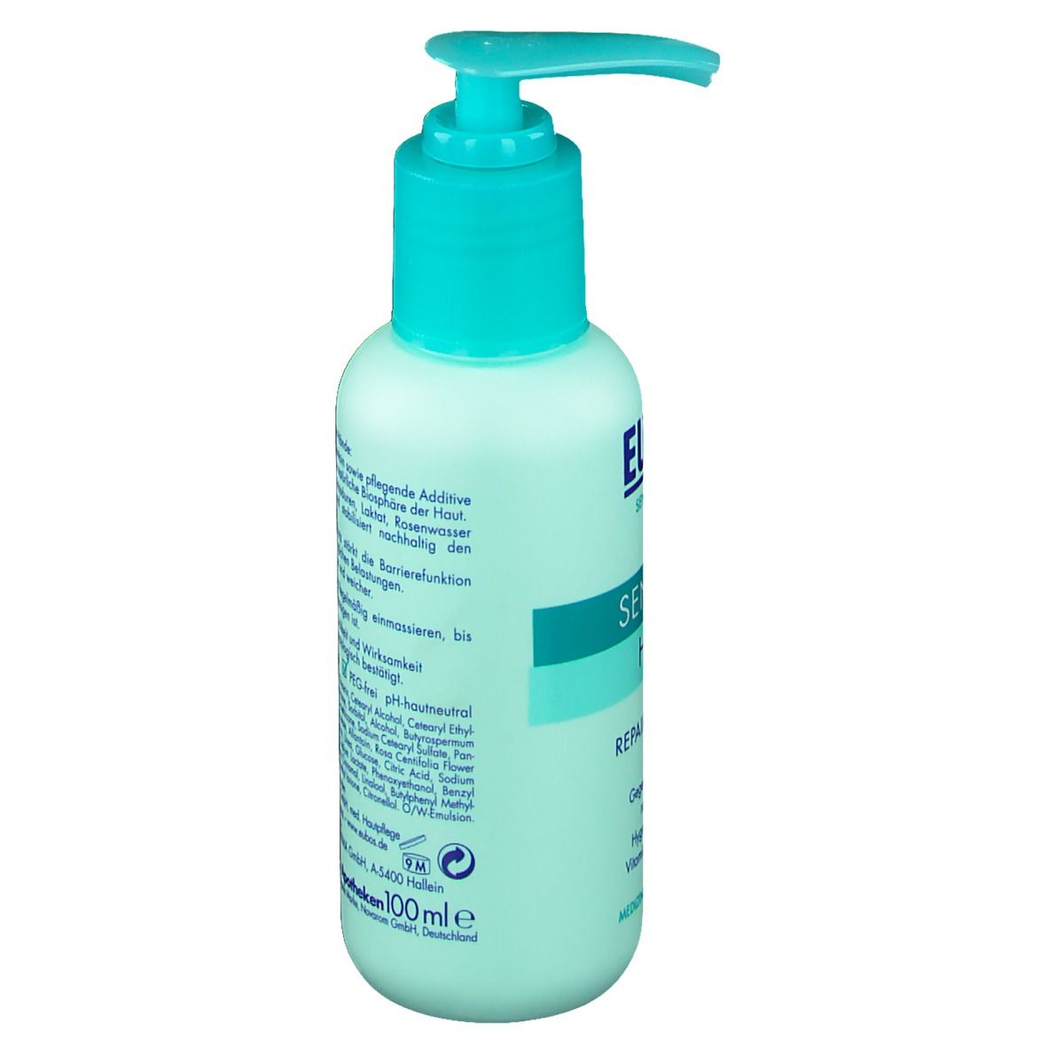 Flasche mit Pumpe, Seitenansicht. Aufschrift: Sensitive Hand, Repair & Schutz. Text und Inhaltsangaben auf der Rückseite.