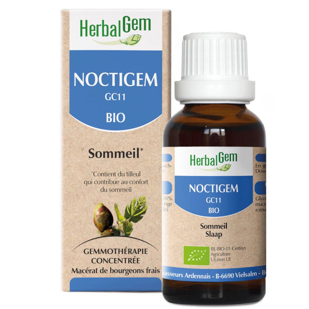 Flacon en verre brun et bouchon blanc. Étiquette 'HerbalGem Noctigem Bio'. Boîte à côté.
