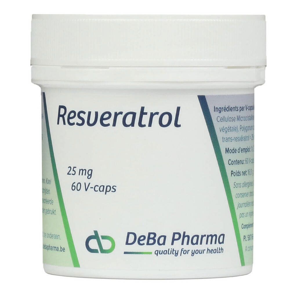 Boîte cylindrique blanche avec couvercle. Inscription: Resveratrol 25 mg, 60 V-caps. Logo DeBa Pharma.