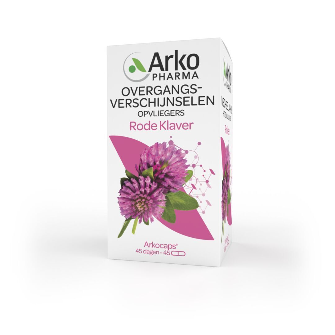 Weiße Schachtel mit Produktnamen, Kleeblumen-Illustration. 45 Kapseln. Arko-Logo.